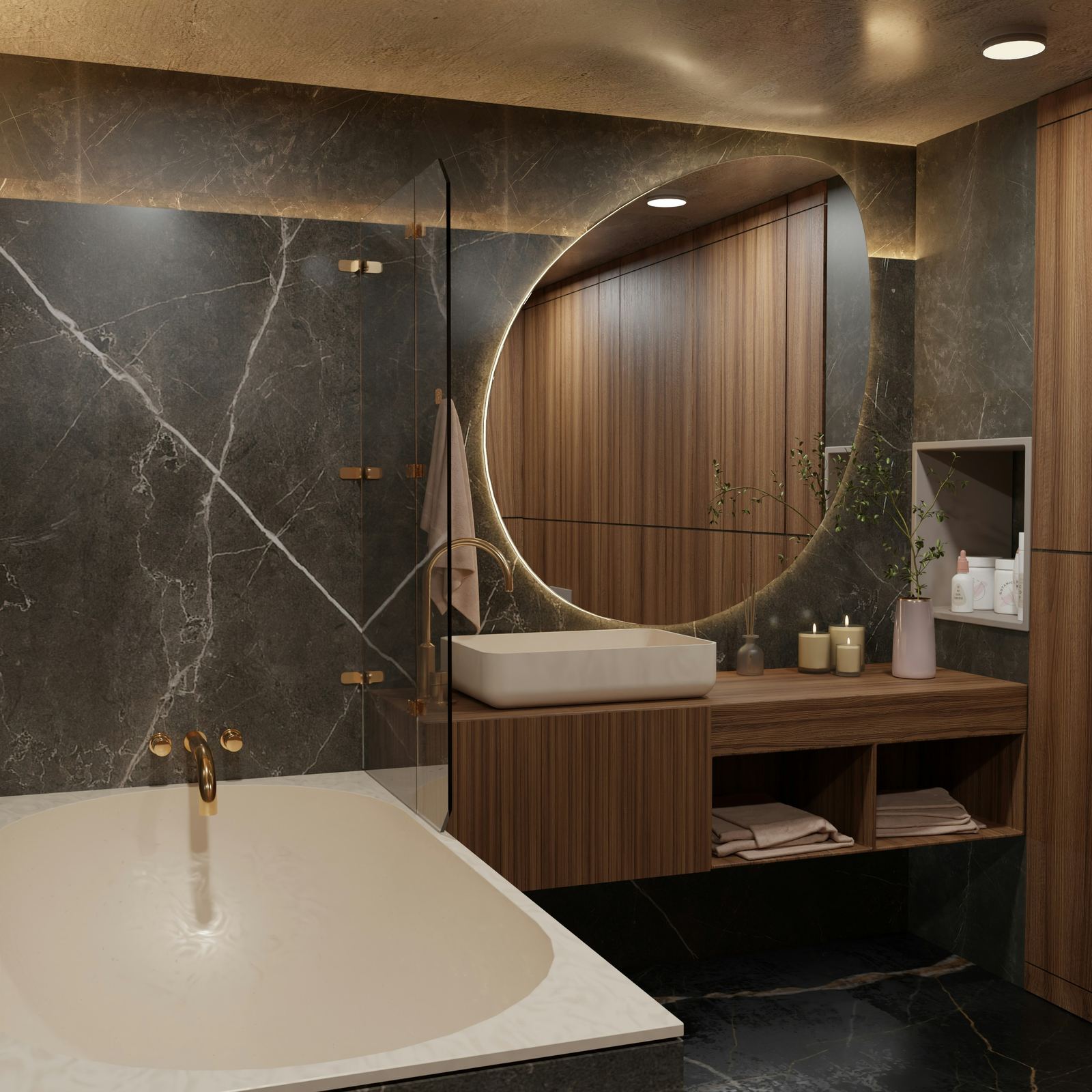 Modernes Badezimmer mit warmem Naturstein, Holz und indirekter Beleuchtung